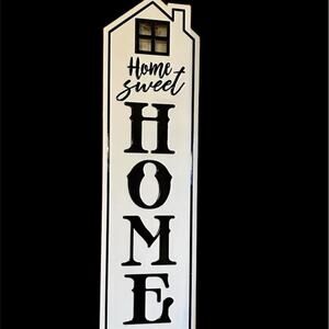 “HOME SWEET HOME” metal home decor, white with black letters